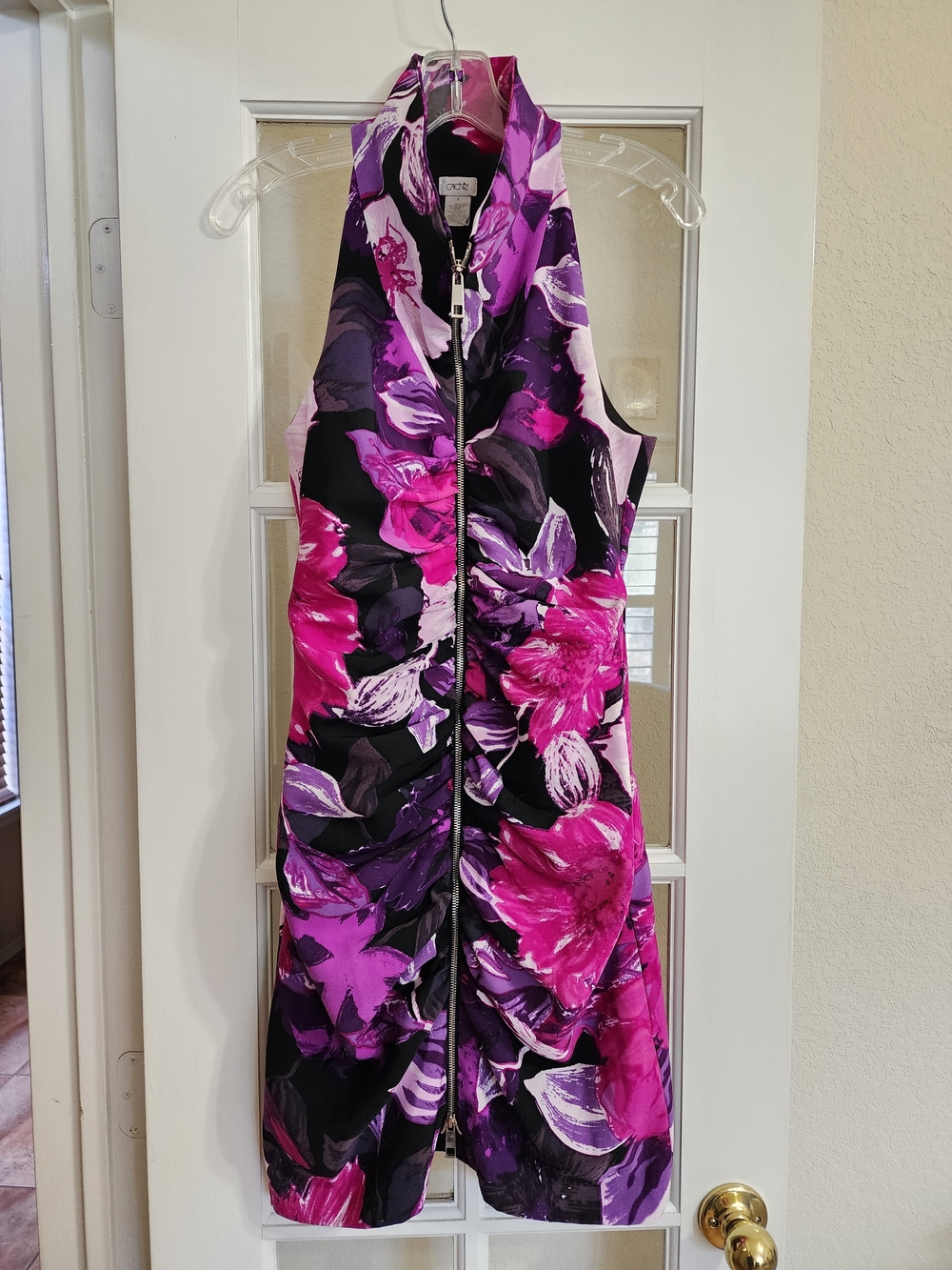 Vintage Y2K Caché Floral Ruched Zip Front Bodycon Dress Size 8